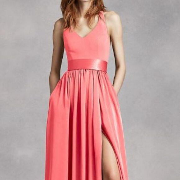 Vera Wang Coral V Neck Halter Dress with Sash and Bows Size 8 - Picture 1 of 5